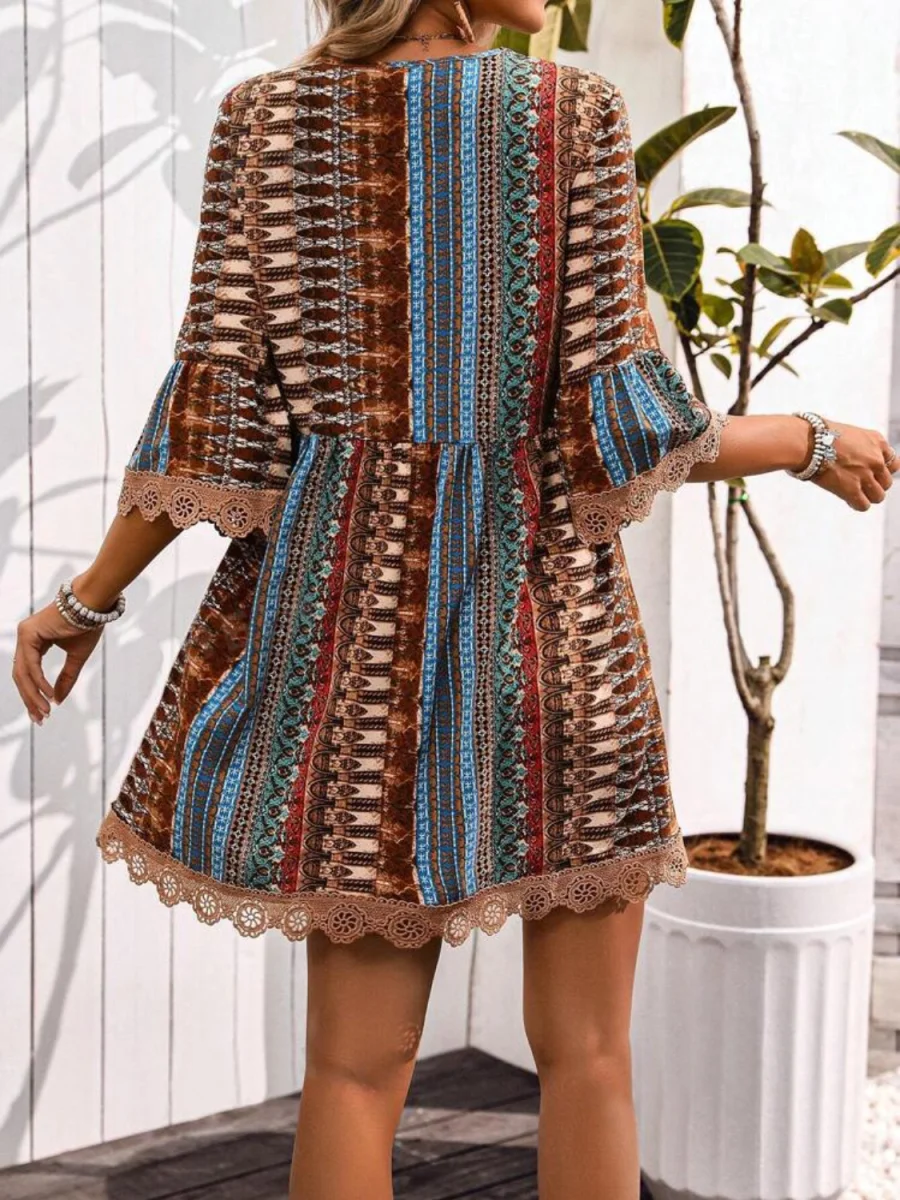 Lace Trim Printed V-Neck 3/4 Sleeve Dress - Image 11 | Lily's Pad Studio