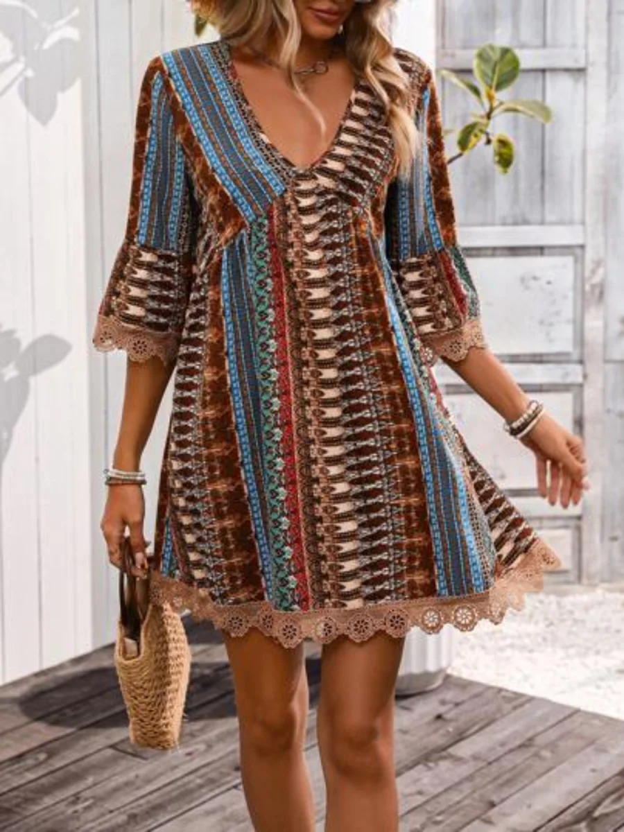 Lace Trim Printed V-Neck 3/4 Sleeve Dress - Image 12 | Lily's Pad Studio