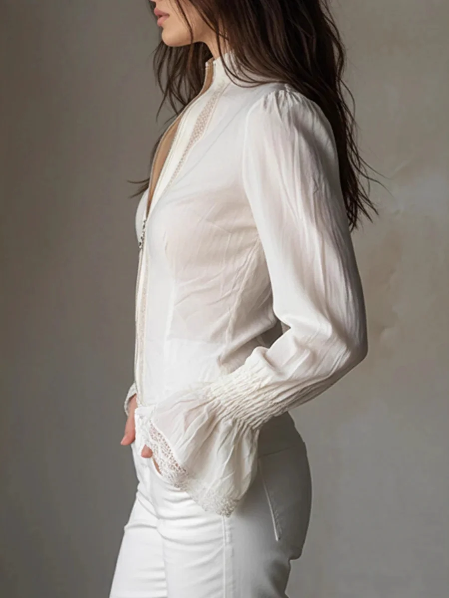 Lace Trim Zip-Up Shirt - Image 2 | Lily's Pad Studio