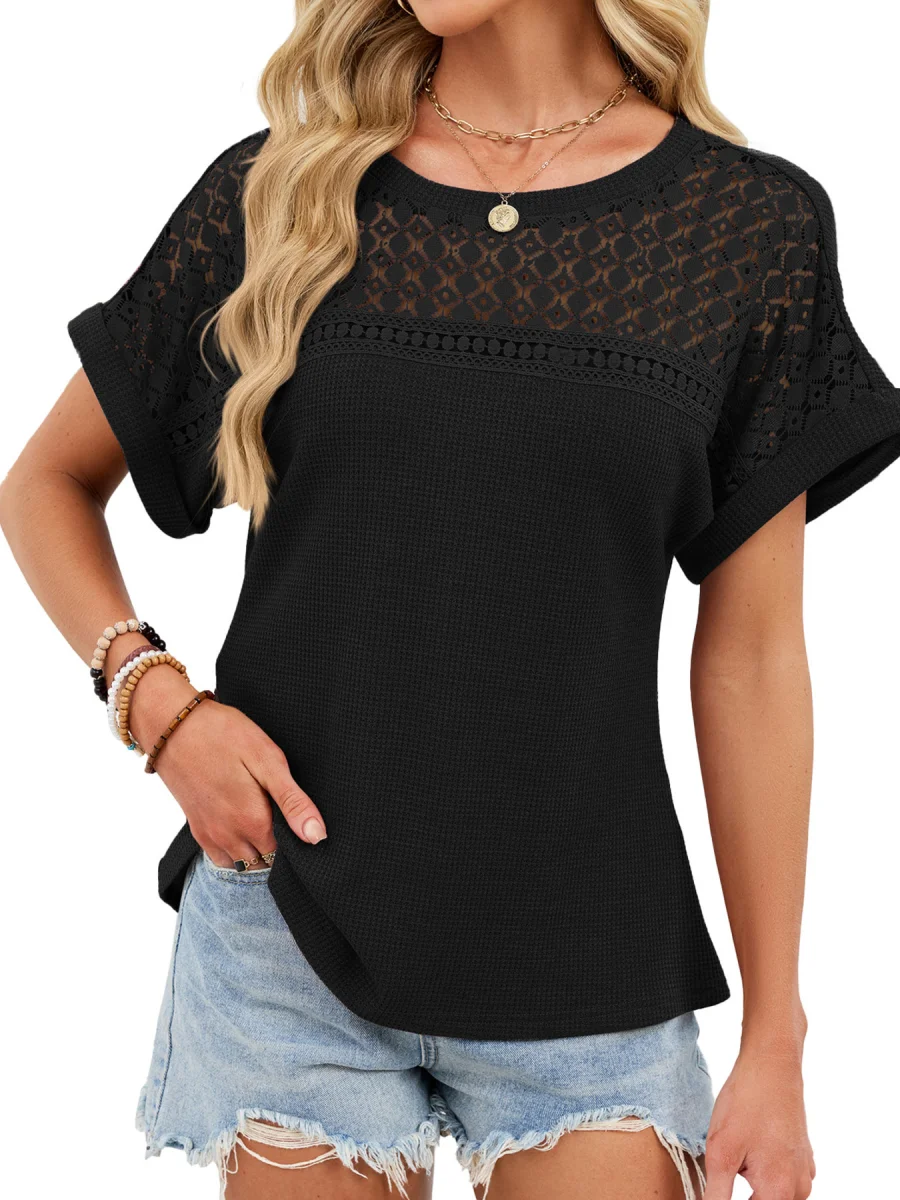 Lace-Trimmed Round Neck T-Shirt - Image 11 | Lily's Pad Studio