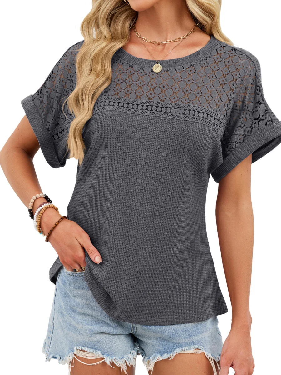 Lace-Trimmed Round Neck T-Shirt - Image 17 | Lily's Pad Studio