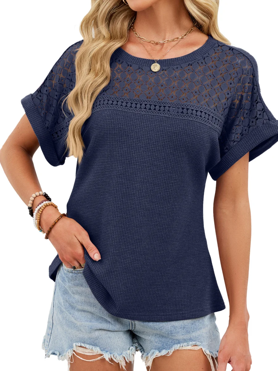 Lace-Trimmed Round Neck T-Shirt - Image 20 | Lily's Pad Studio
