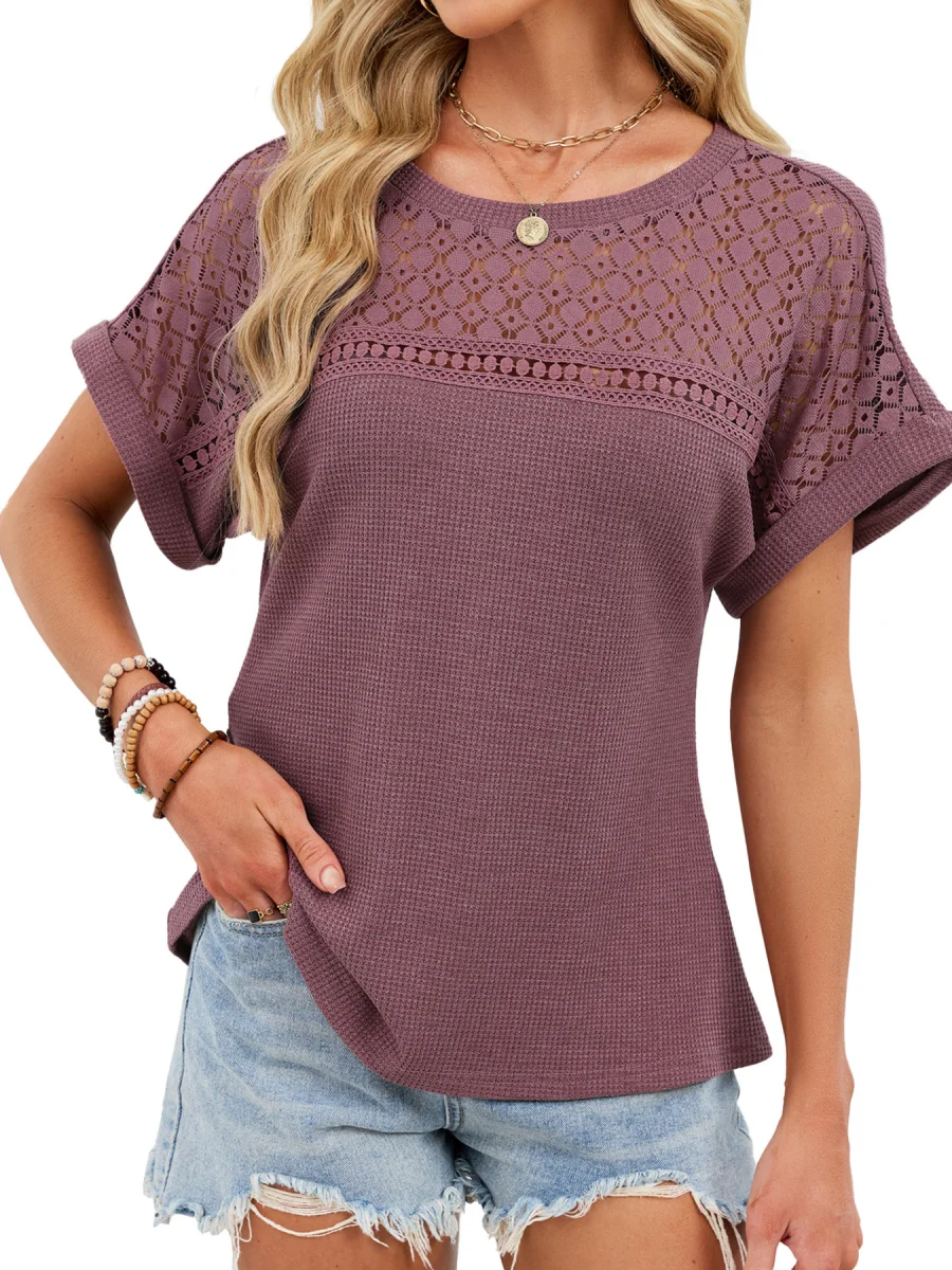 Lace-Trimmed Round Neck T-Shirt - Image 23 | Lily's Pad Studio