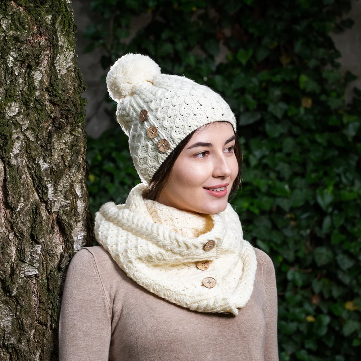 Ladies Button Pom-Pom Wool Hat – Cable Knit Winter Beanie - Image 3 | Lily's Pad Studio
