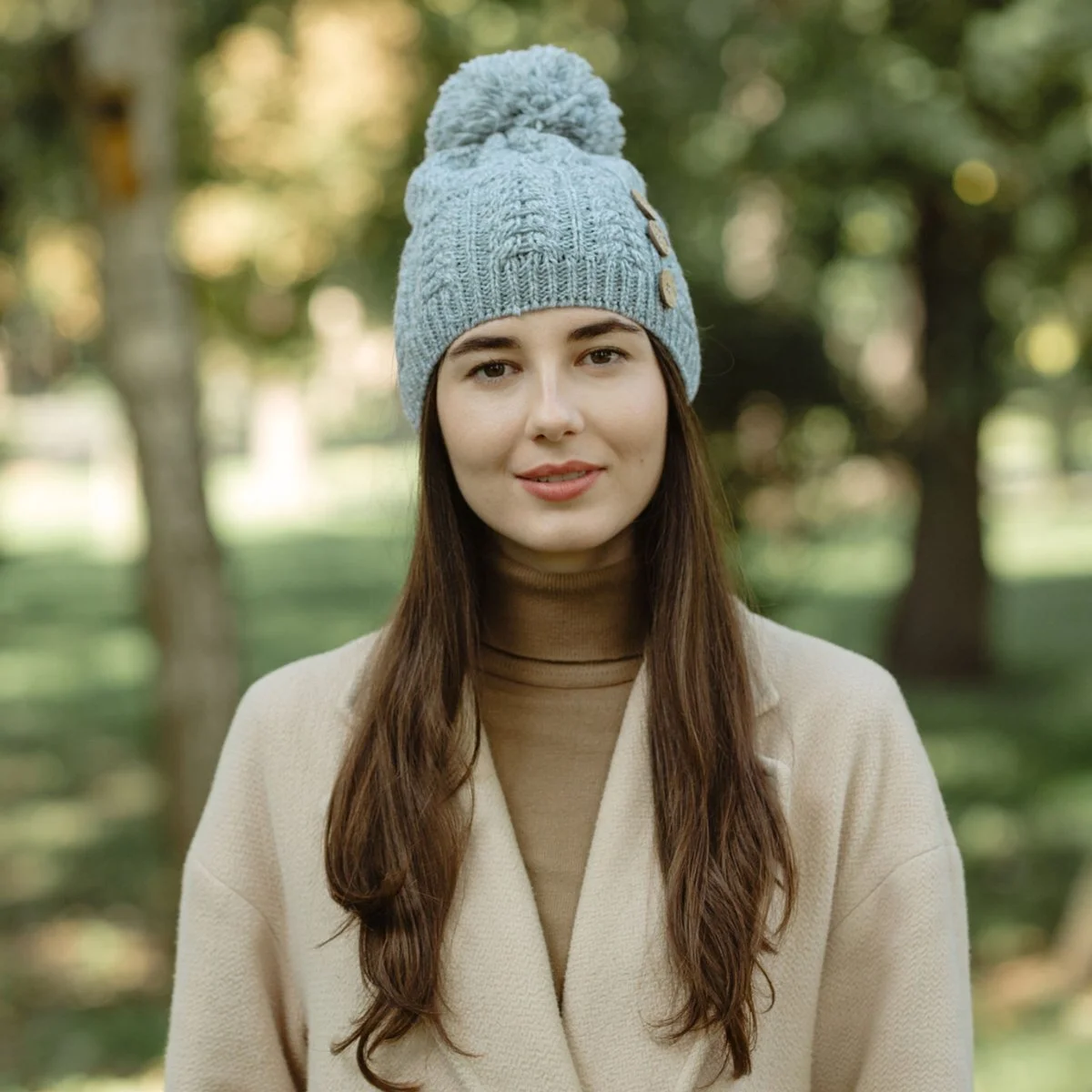 Ladies Button Pom-Pom Wool Hat – Cable Knit Winter Beanie - Image 5 | Lily's Pad Studio