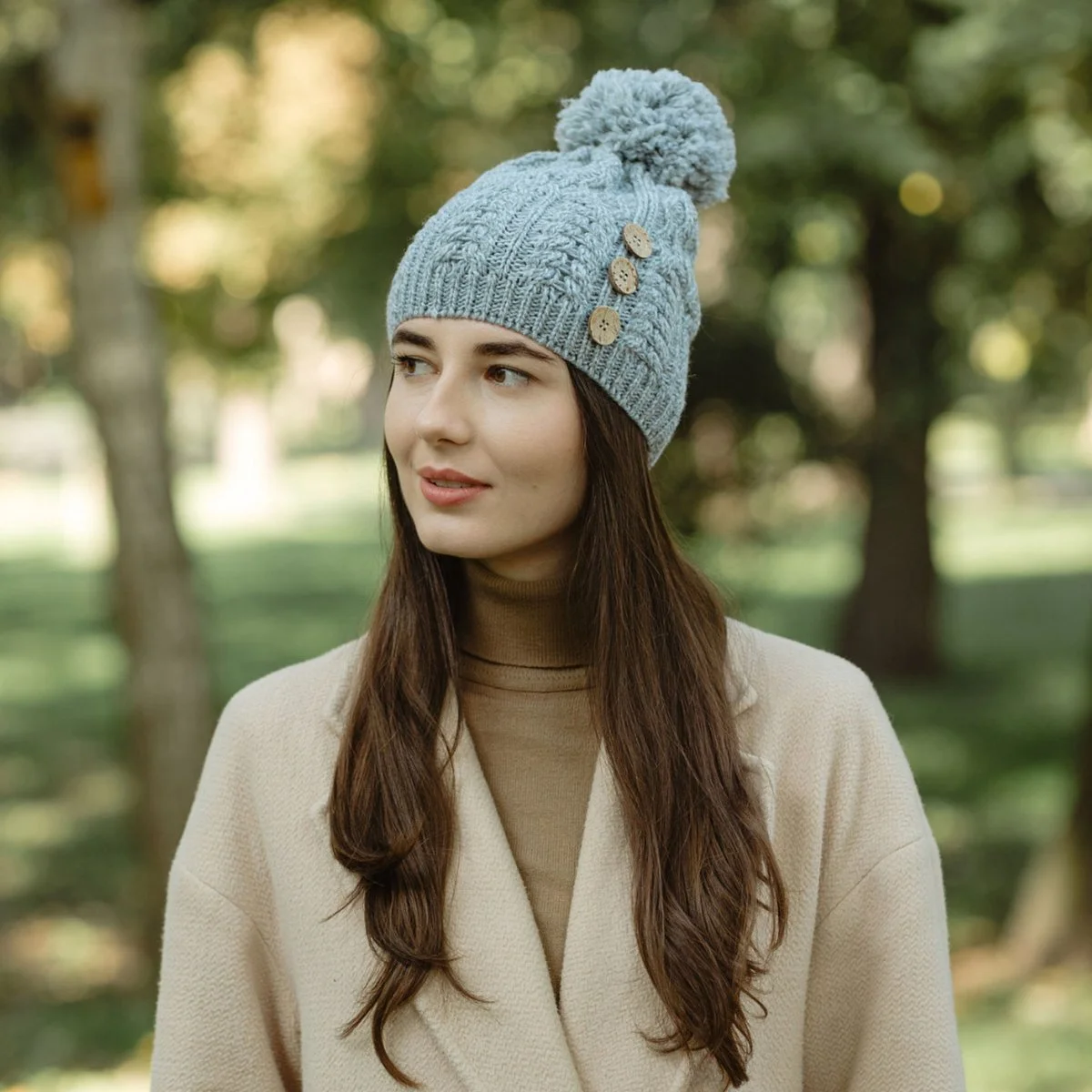 Ladies Button Pom-Pom Wool Hat – Cable Knit Winter Beanie - Image 4 | Lily's Pad Studio