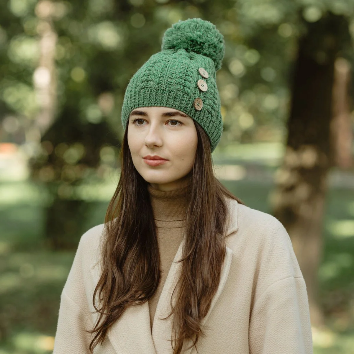 Ladies Button Pom-Pom Wool Hat – Cable Knit Winter Beanie - Image 6 | Lily's Pad Studio