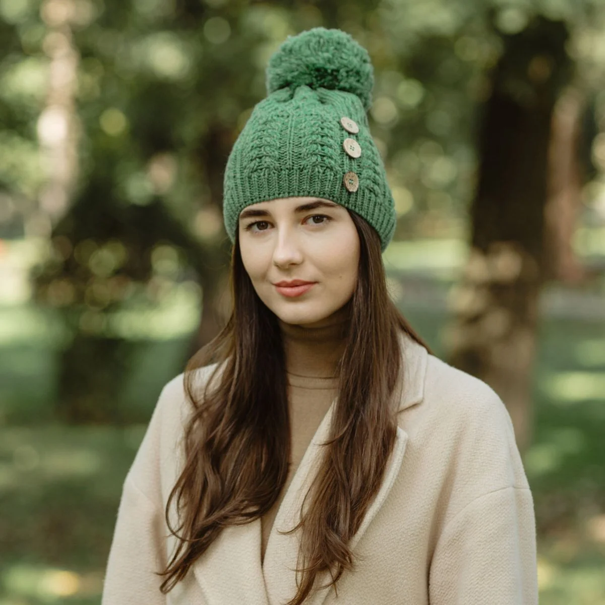 Ladies Button Pom-Pom Wool Hat – Cable Knit Winter Beanie - Image 7 | Lily's Pad Studio