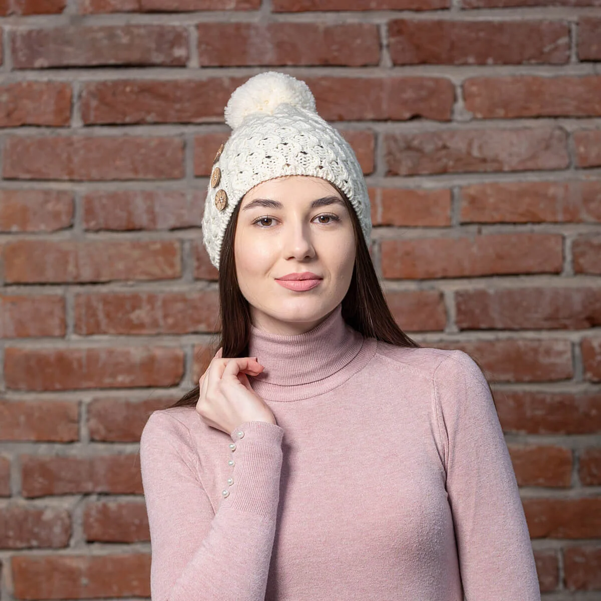Ladies Button Pom-Pom Wool Hat – Cable Knit Winter Beanie - Image 8 | Lily's Pad Studio