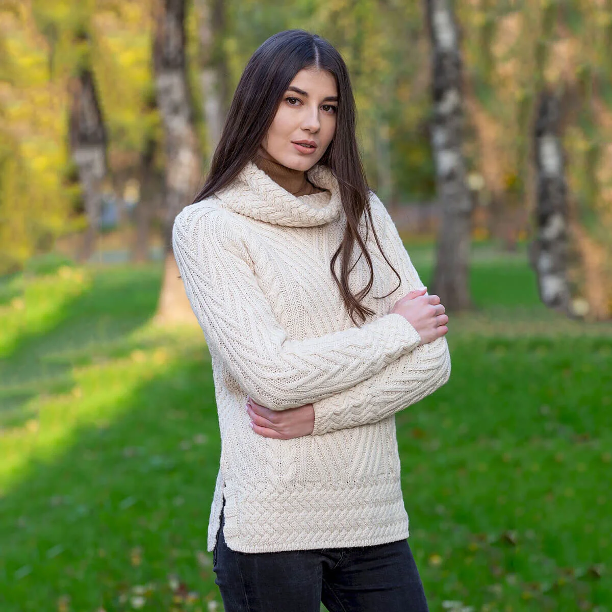 Ladies Merino Wool Blend Turtleneck Cable Knit Sweater – Aran Ribbed Pullover - Image 3 | Lily's Pad Studio