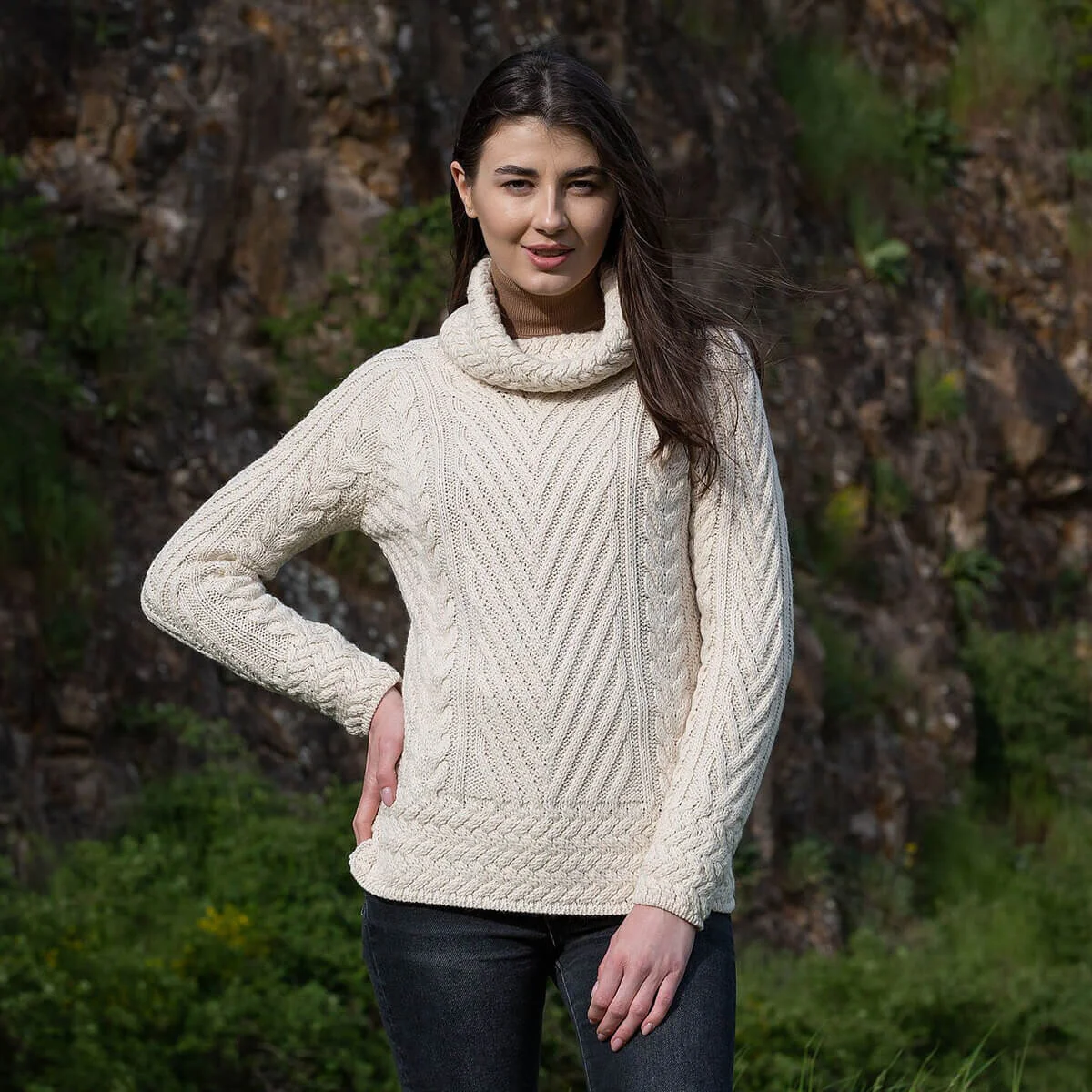 Ladies Merino Wool Blend Turtleneck Cable Knit Sweater – Aran Ribbed Pullover - Image 4 | Lily's Pad Studio