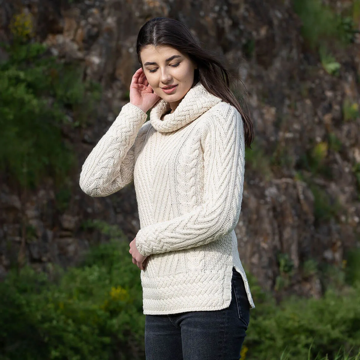 Ladies Merino Wool Blend Turtleneck Cable Knit Sweater – Aran Ribbed Pullover - Image 5 | Lily's Pad Studio