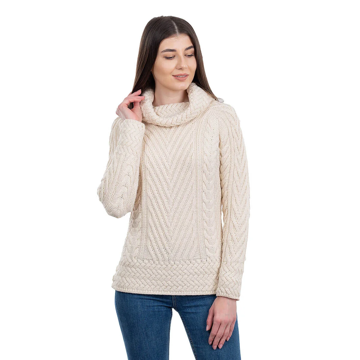 Ladies Merino Wool Blend Turtleneck Cable Knit Sweater – Aran Ribbed Pullover - Image 6 | Lily's Pad Studio