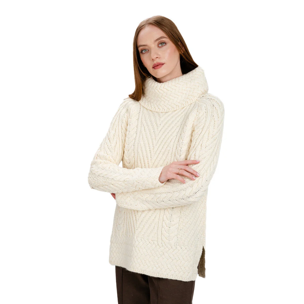 Ladies Merino Wool Blend Turtleneck Cable Knit Sweater – Aran Ribbed Pullover - Image 8 | Lily's Pad Studio