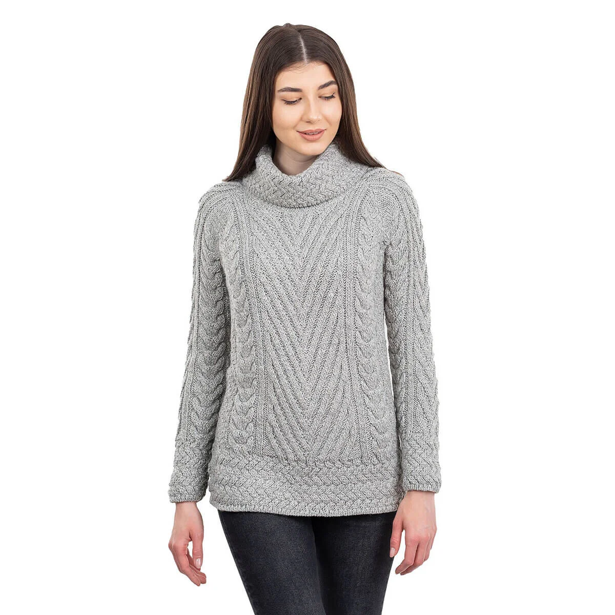 Ladies Merino Wool Blend Turtleneck Cable Knit Sweater – Aran Ribbed Pullover - Image 11 | Lily's Pad Studio