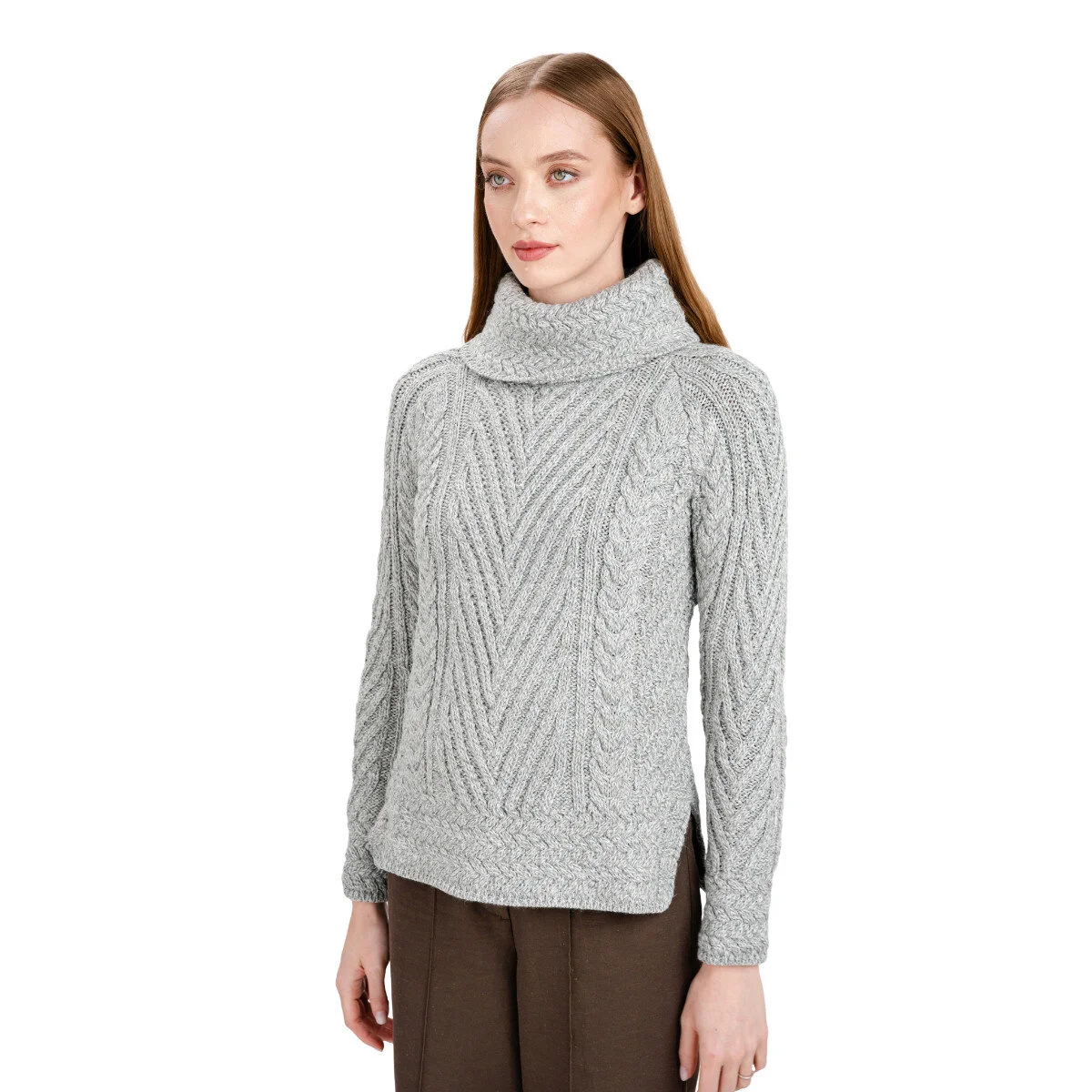 Ladies Merino Wool Blend Turtleneck Cable Knit Sweater – Aran Ribbed Pullover - Image 15 | Lily's Pad Studio