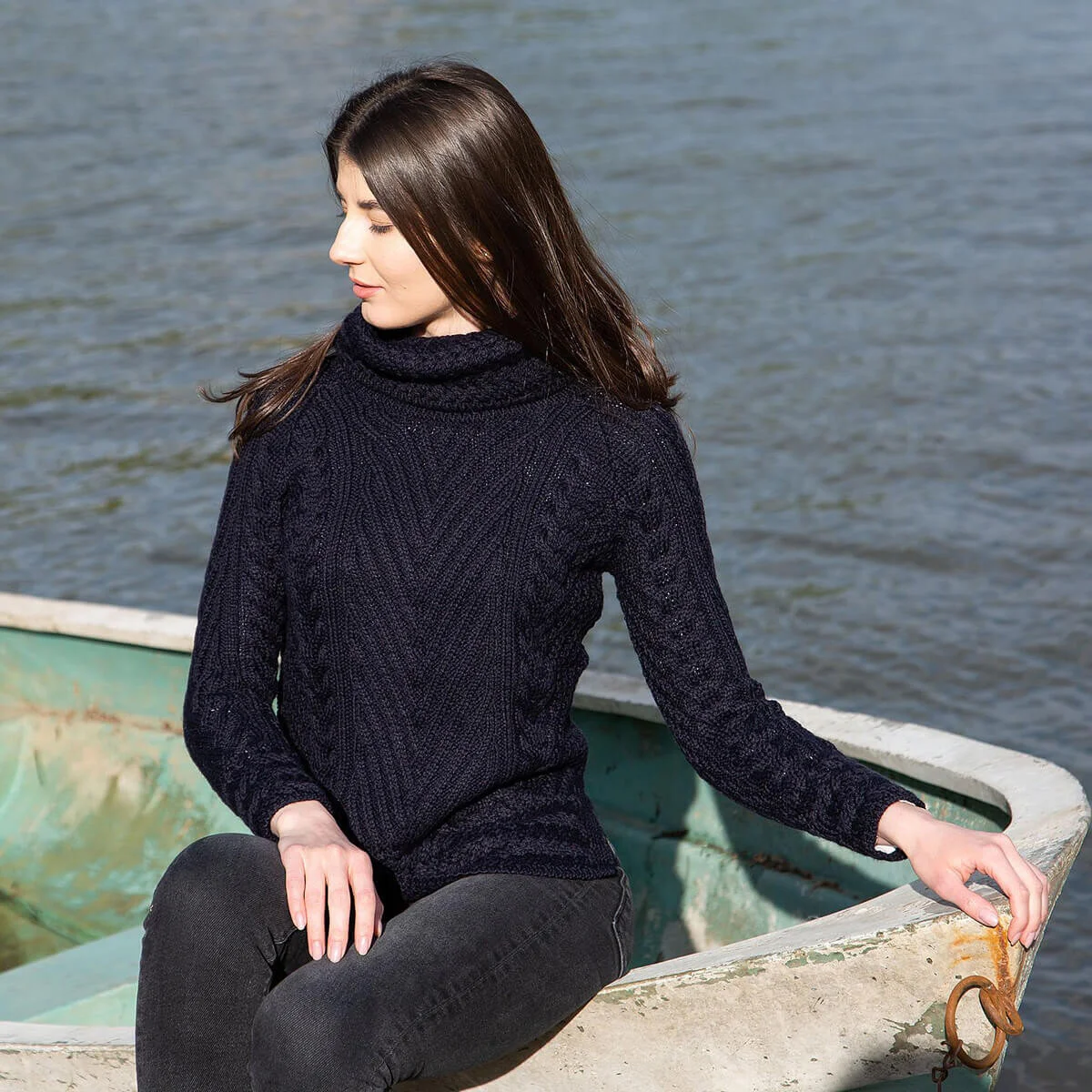 Ladies Merino Wool Blend Turtleneck Cable Knit Sweater – Aran Ribbed Pullover - Image 16 | Lily's Pad Studio