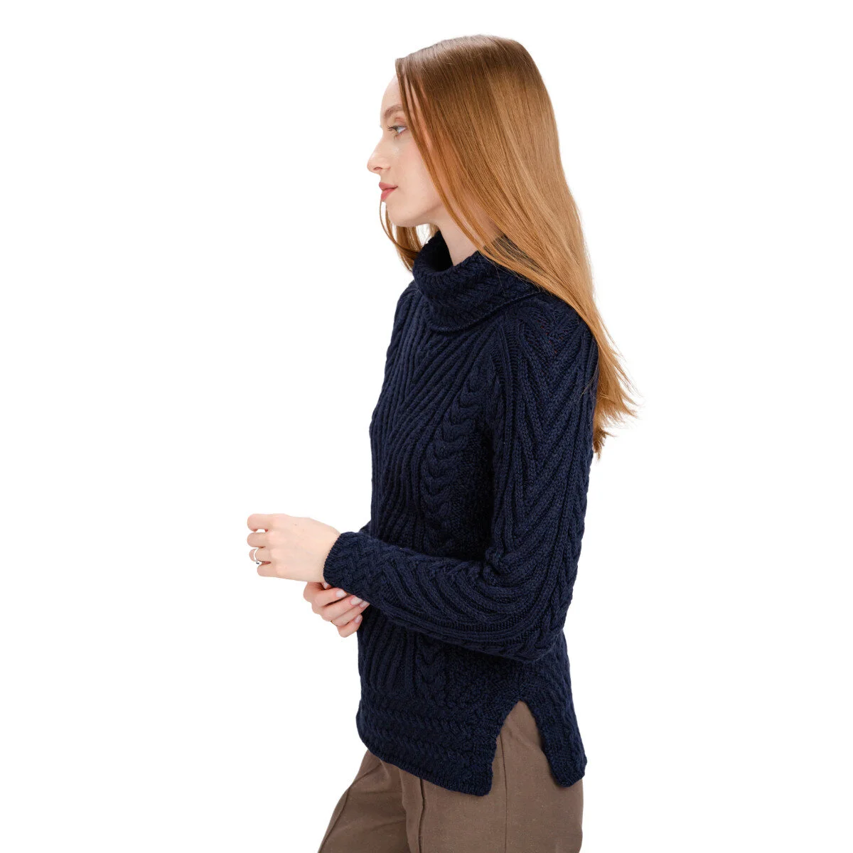 Ladies Merino Wool Blend Turtleneck Cable Knit Sweater – Aran Ribbed Pullover - Image 19 | Lily's Pad Studio