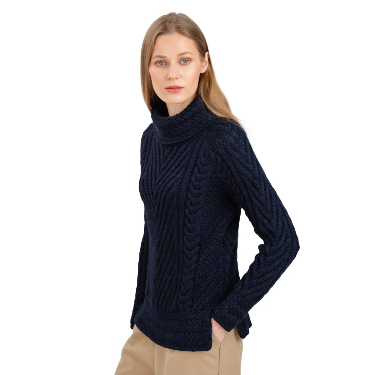 Ladies Merino Wool Blend Turtleneck Cable Knit Sweater – Aran Ribbed Pullover - Image 21 | Lily's Pad Studio