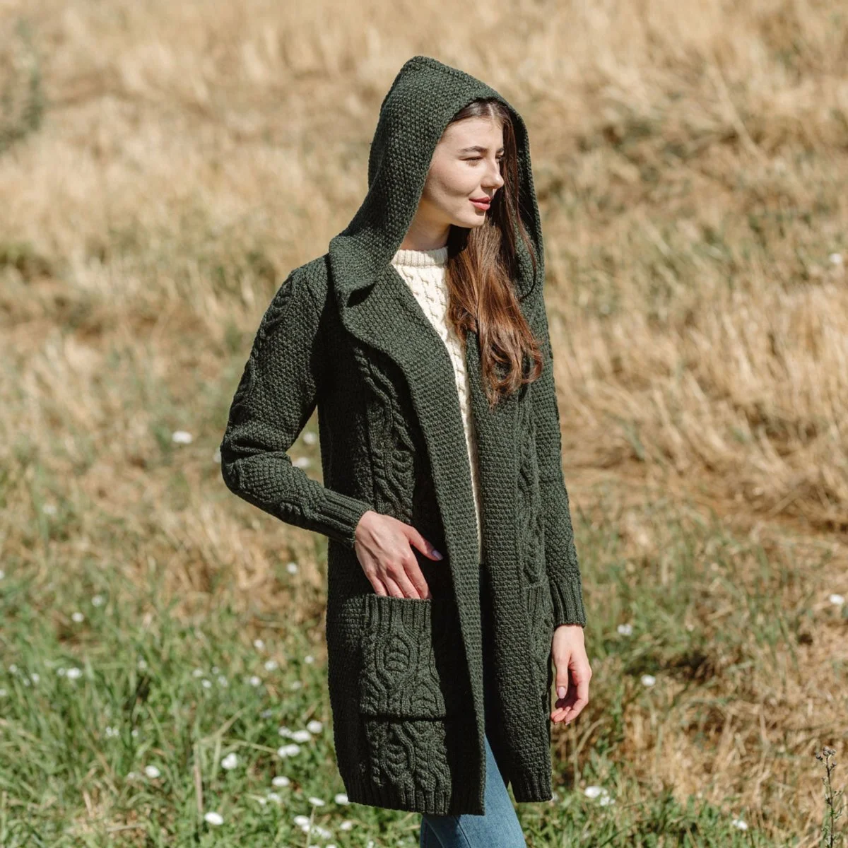 Ladies Merino Wool Long Hooded Cardigan – Classic Fit Aran Knit Open Front Sweater - Image 6 | Lily's Pad Studio