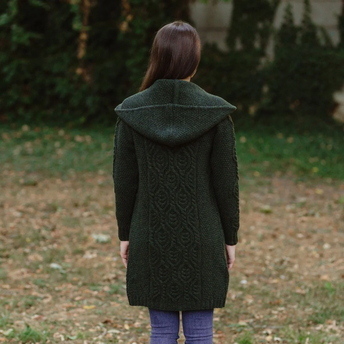 Ladies Merino Wool Long Hooded Cardigan – Classic Fit Aran Knit Open Front Sweater - Image 8 | Lily's Pad Studio