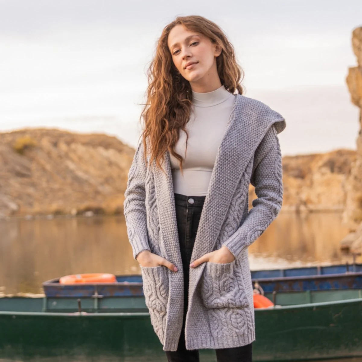 Ladies Merino Wool Long Hooded Cardigan – Classic Fit Aran Knit Open Front Sweater - Featured Product | Lily's Pad Studio