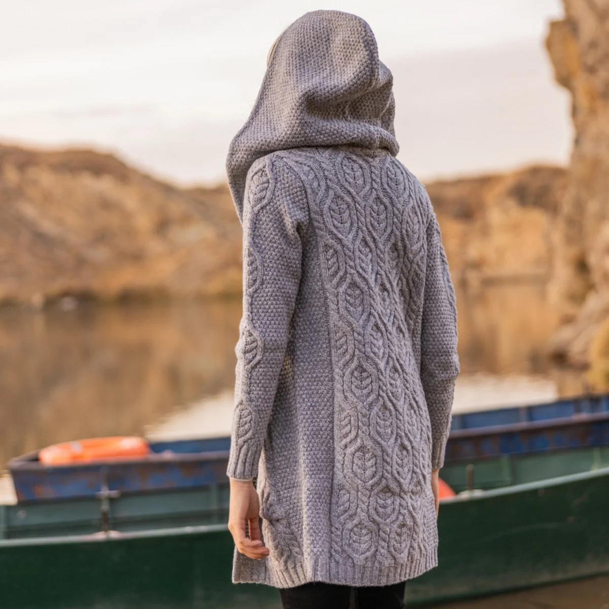 Ladies Merino Wool Long Hooded Cardigan – Classic Fit Aran Knit Open Front Sweater - Image 3 | Lily's Pad Studio