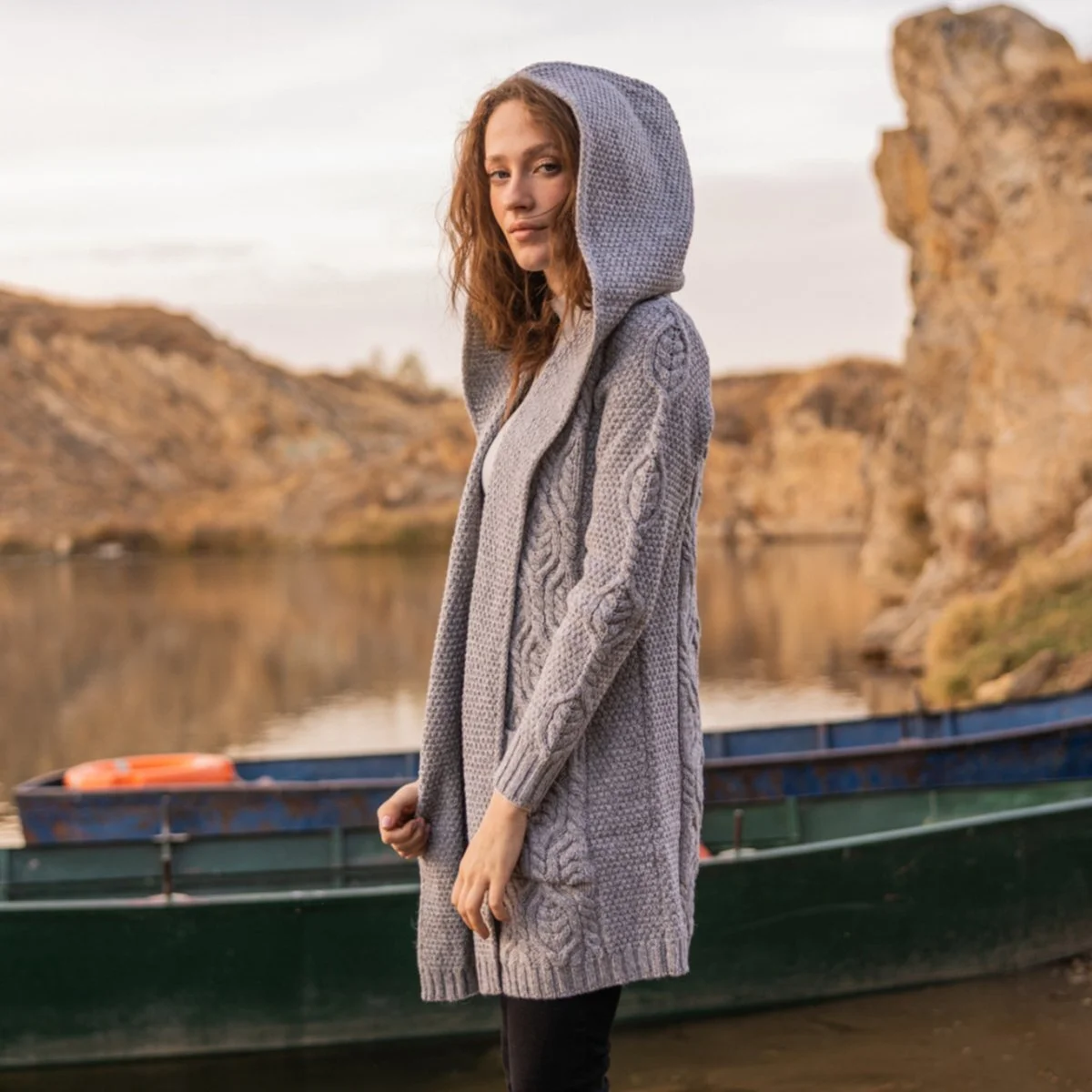 Ladies Merino Wool Long Hooded Cardigan – Classic Fit Aran Knit Open Front Sweater - Image 4 | Lily's Pad Studio