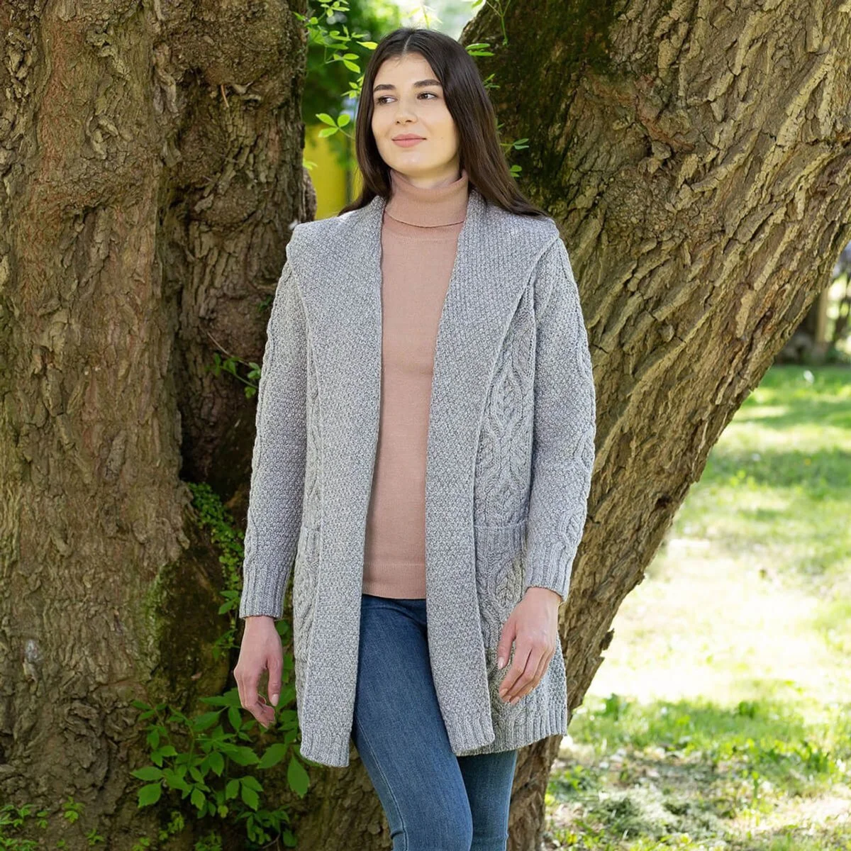 Ladies Merino Wool Long Hooded Cardigan – Classic Fit Aran Knit Open Front Sweater - Image 5 | Lily's Pad Studio