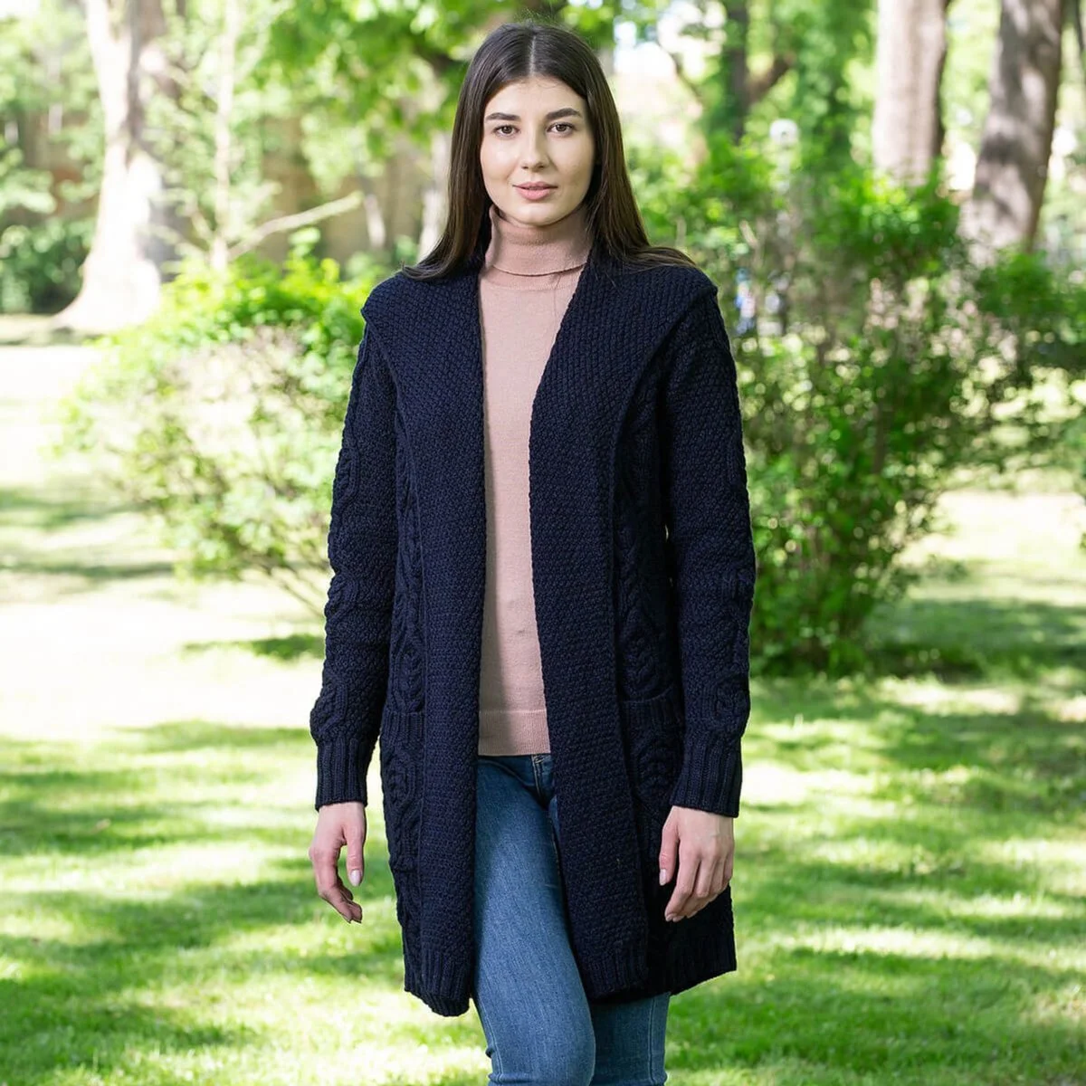 Ladies Merino Wool Long Hooded Cardigan – Classic Fit Aran Knit Open Front Sweater - Image 11 | Lily's Pad Studio