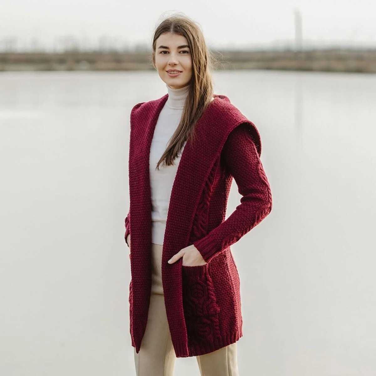 Ladies Merino Wool Long Hooded Cardigan – Classic Fit Aran Knit Open Front Sweater - Image 12 | Lily's Pad Studio