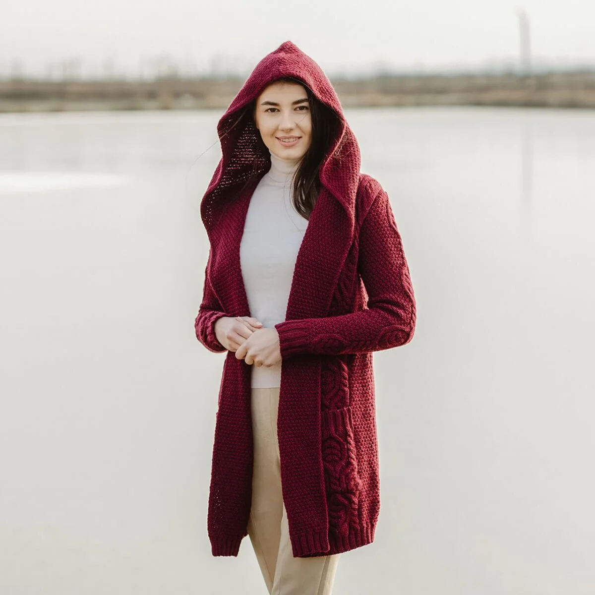 Ladies Merino Wool Long Hooded Cardigan – Classic Fit Aran Knit Open Front Sweater - Image 13 | Lily's Pad Studio