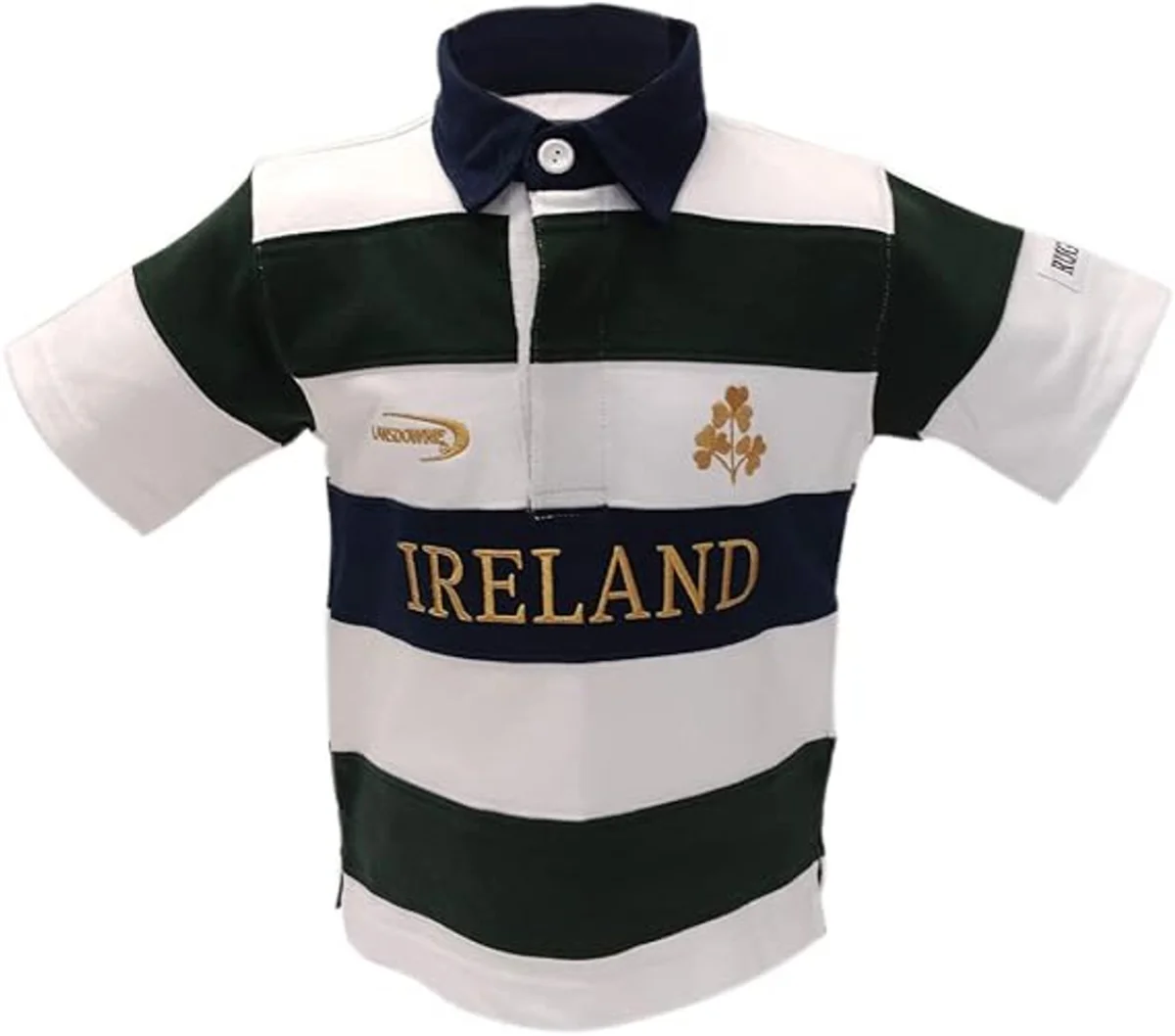 Lansdowne Ireland Kids Rugby Shirt Bottle Green & White Stripe Rugby - Image 1 | Lily's Pad Studio