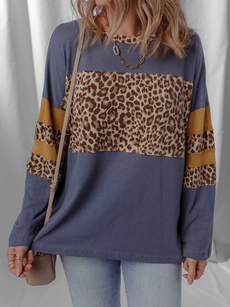 Leopard Color Block Long Sleeve Drop Shoulder Top | Lily's Pad Studio