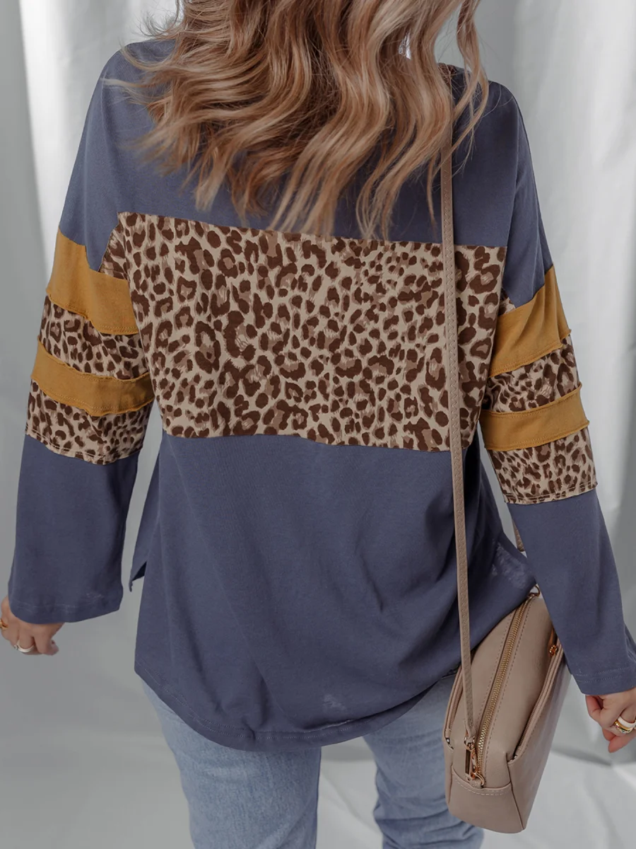 Leopard Color Block Long Sleeve Drop Shoulder Top - Image 2 | Lily's Pad Studio