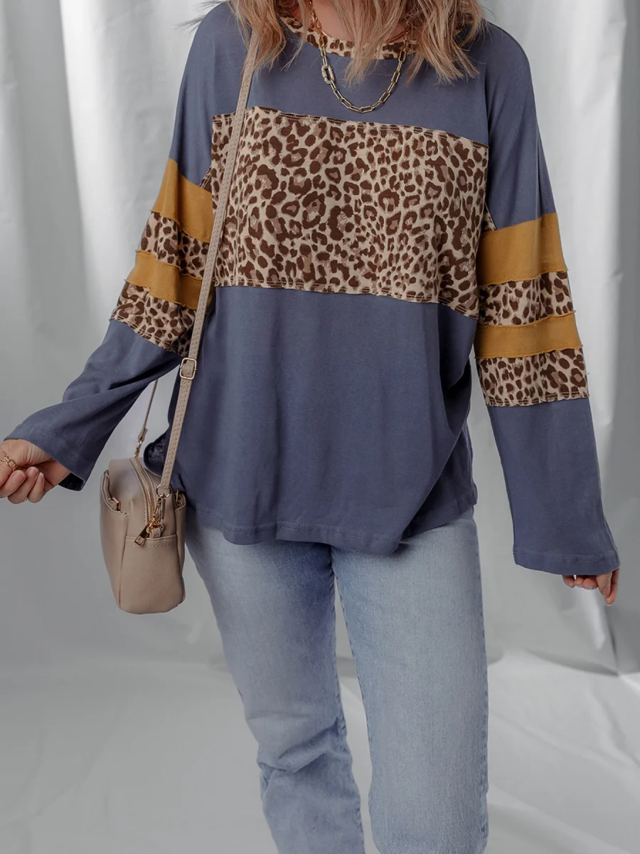 Leopard Color Block Long Sleeve Drop Shoulder Top - Image 3 | Lily's Pad Studio