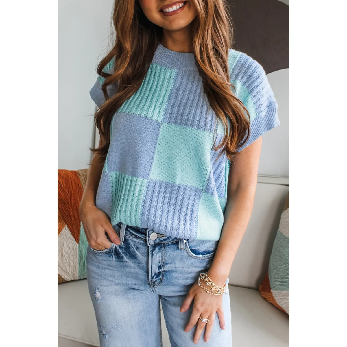 Light Blue Checkered Color Block Short Sleeve Sweater - Image 1 | Lily's Pad Studio