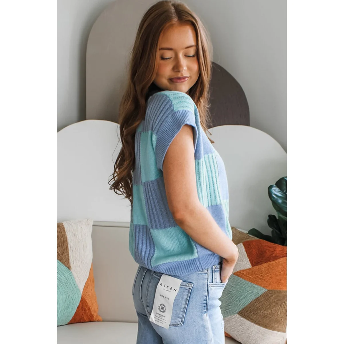 Light Blue Checkered Color Block Short Sleeve Sweater - Image 2 | Lily's Pad Studio