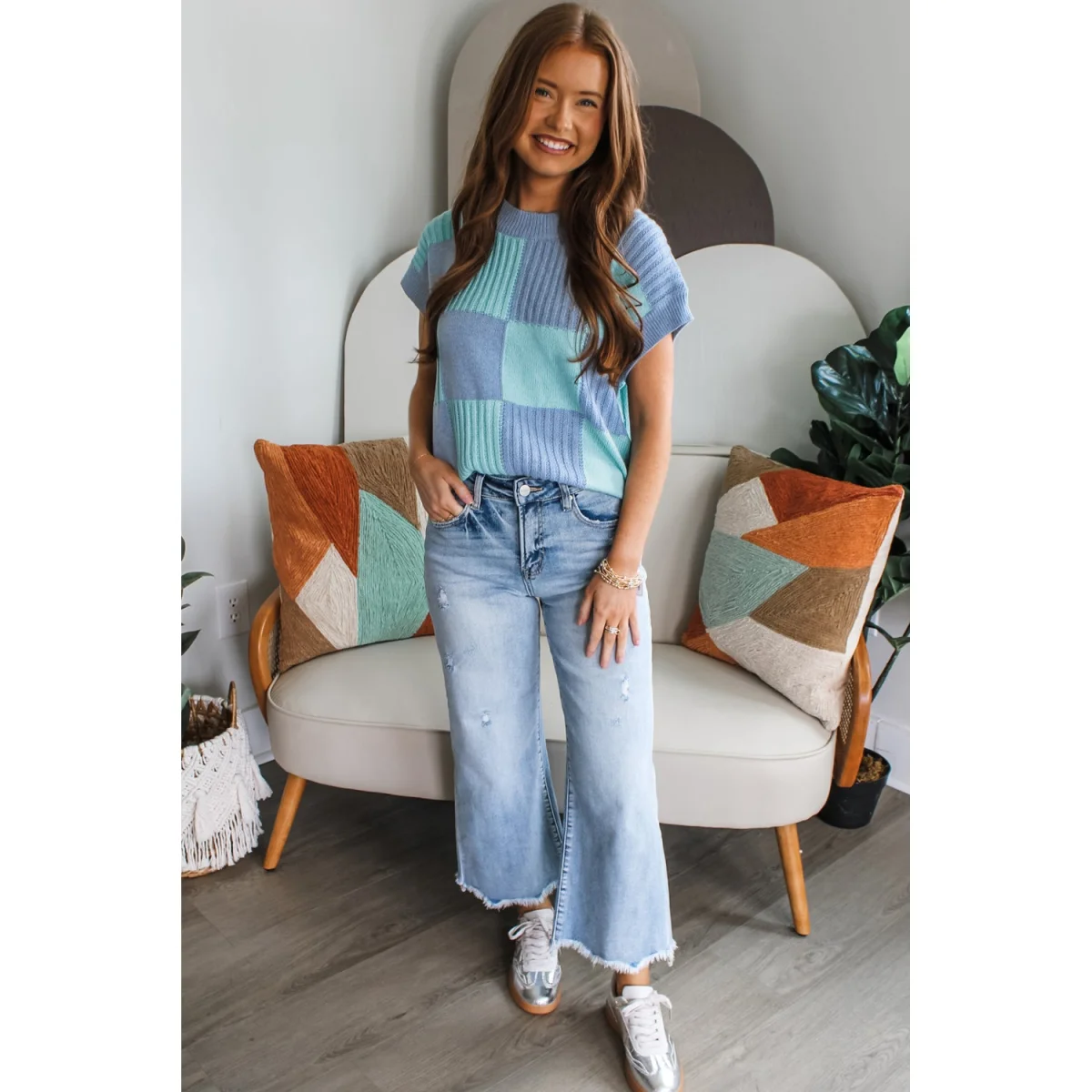 Light Blue Checkered Color Block Short Sleeve Sweater - Image 3 | Lily's Pad Studio