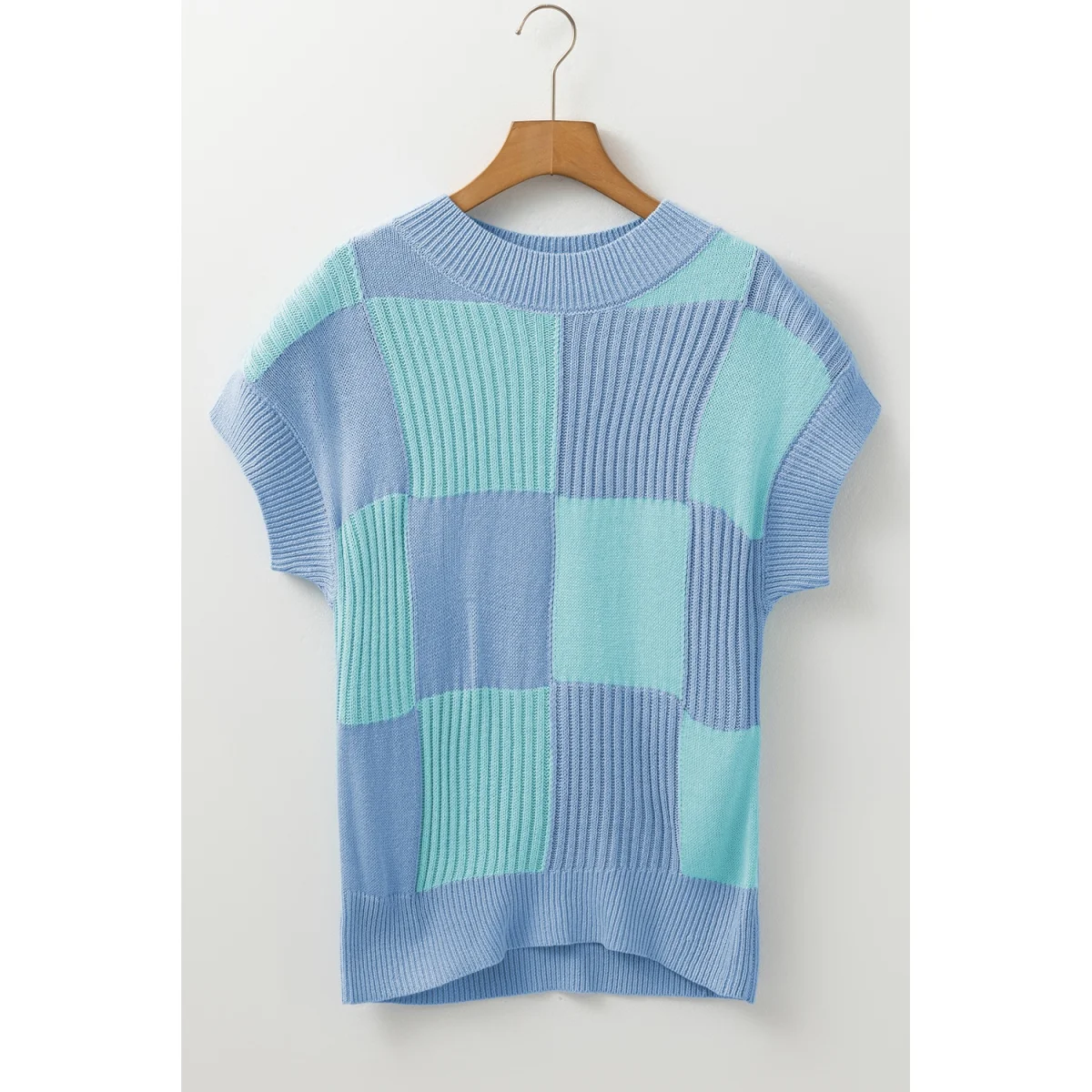 Light Blue Checkered Color Block Short Sleeve Sweater - Image 5 | Lily's Pad Studio