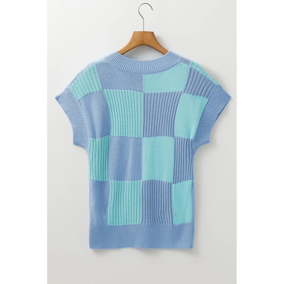 Light Blue Checkered Color Block Short Sleeve Sweater - Image 6 | Lily's Pad Studio