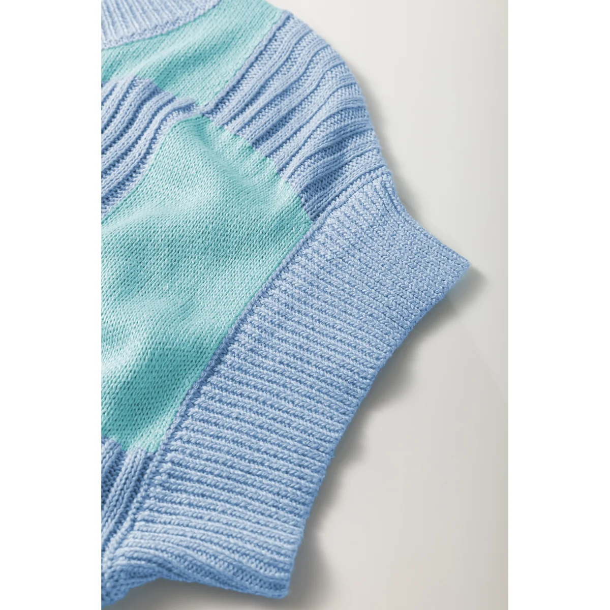 Light Blue Checkered Color Block Short Sleeve Sweater - Image 8 | Lily's Pad Studio