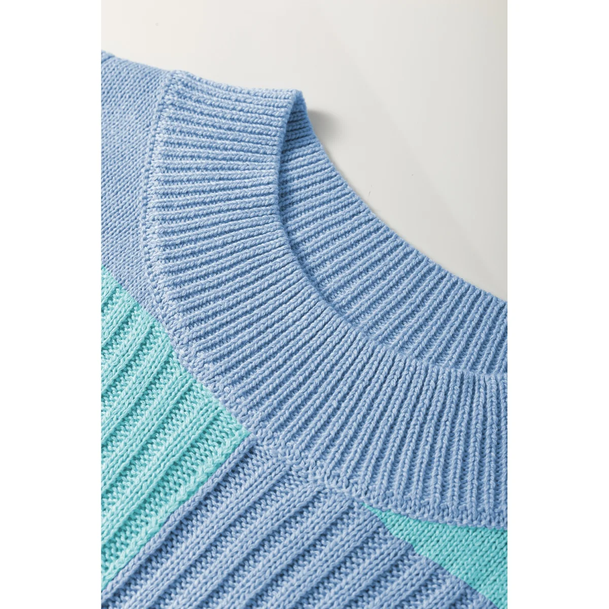 Light Blue Checkered Color Block Short Sleeve Sweater - Image 9 | Lily's Pad Studio