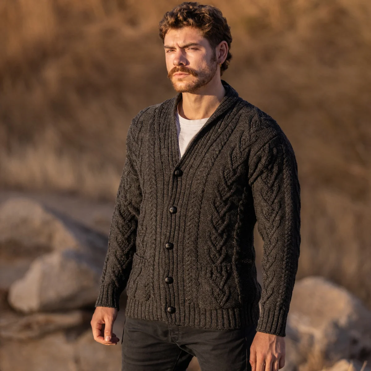 Men’s Aran Cable Shawl Collar Cardigan – 100% Merino Wool Irish Knit - Irish Gifts | Lily's Pad Studio