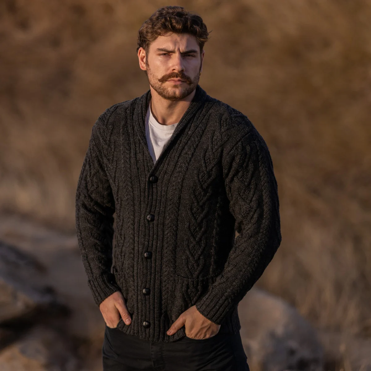 Men’s Aran Cable Shawl Collar Cardigan – 100% Merino Wool Irish Knit - Image 2 | Lily's Pad Studio