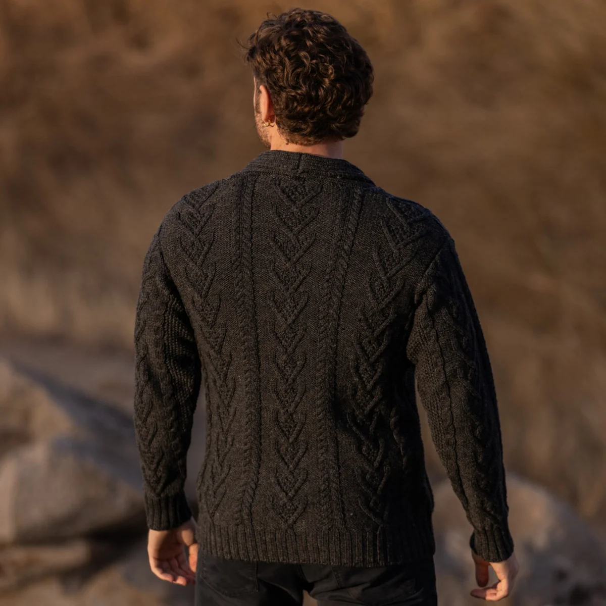 Men’s Aran Cable Shawl Collar Cardigan – 100% Merino Wool Irish Knit - Image 3 | Lily's Pad Studio