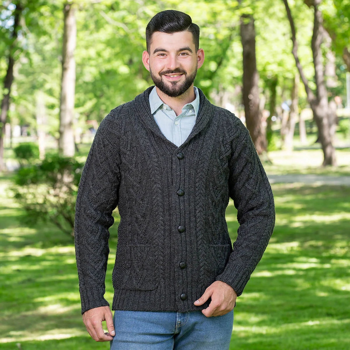 Men’s Aran Cable Shawl Collar Cardigan – 100% Merino Wool Irish Knit - Image 4 | Lily's Pad Studio