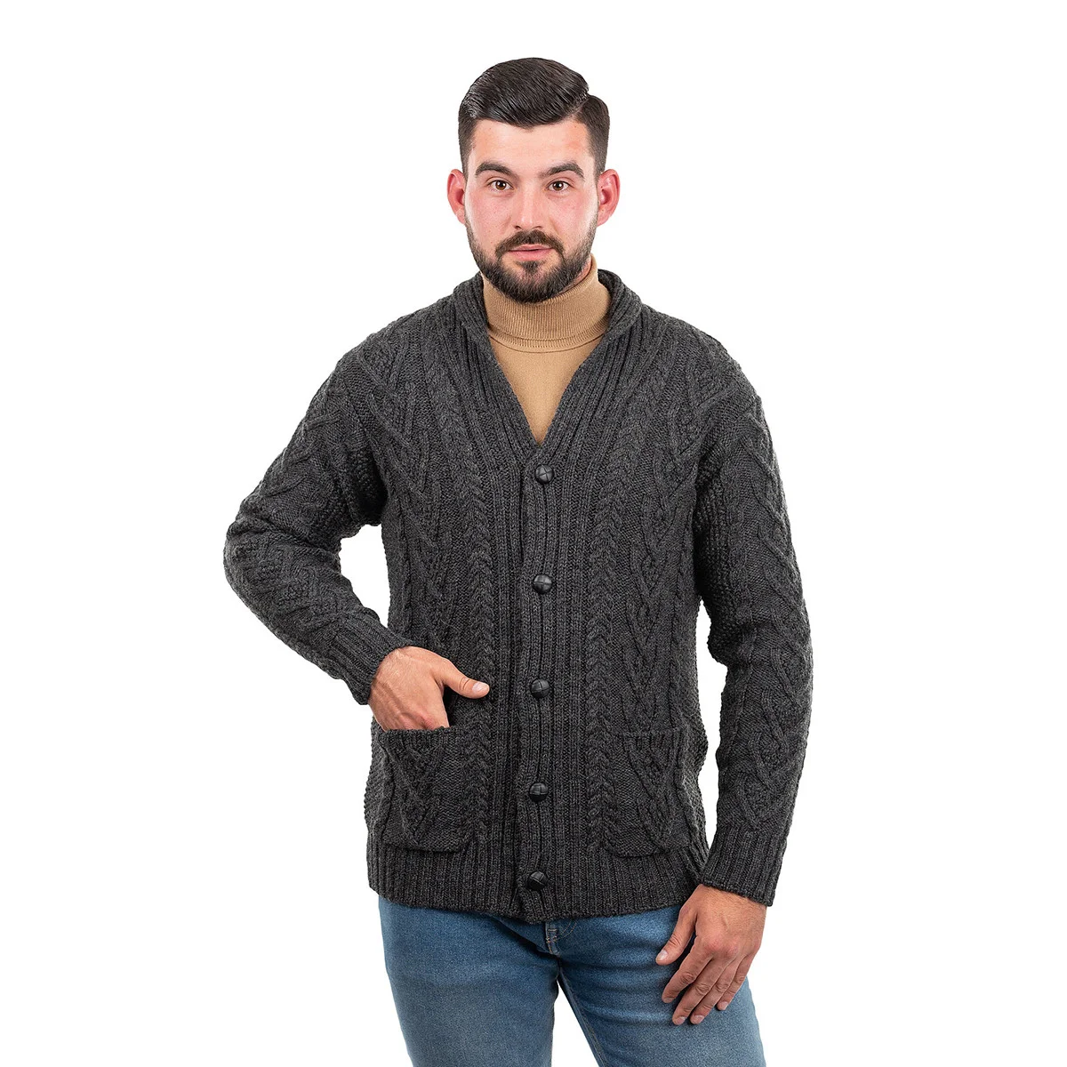 Men’s Aran Cable Shawl Collar Cardigan – 100% Merino Wool Irish Knit - Image 5 | Lily's Pad Studio