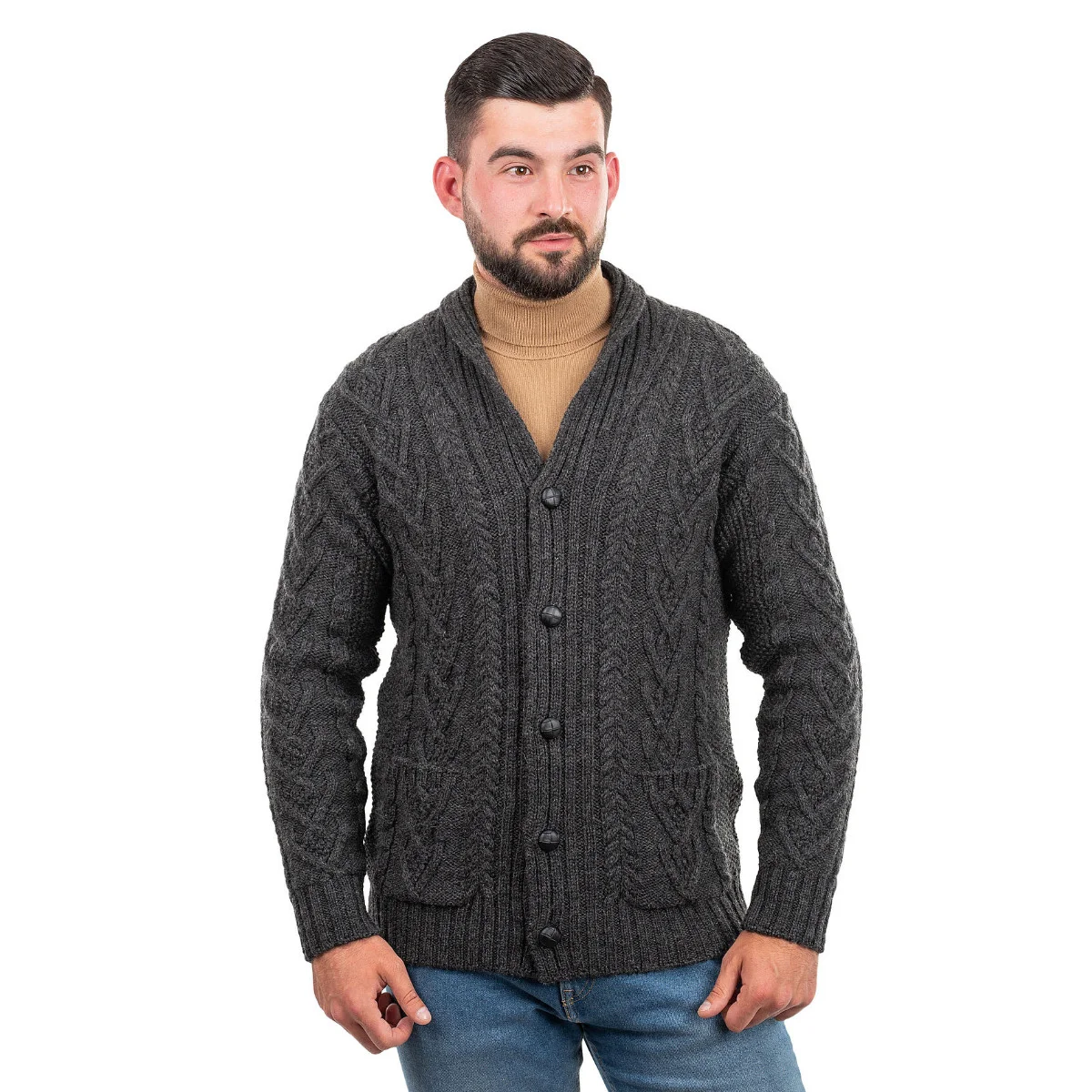 Men’s Aran Cable Shawl Collar Cardigan – 100% Merino Wool Irish Knit - Image 6 | Lily's Pad Studio