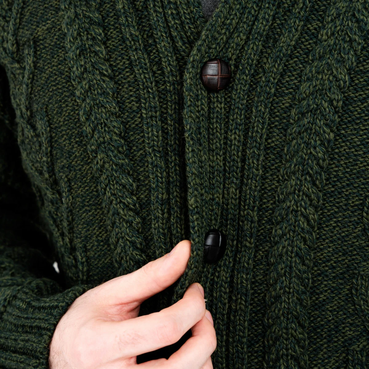 Men’s Aran Cable Shawl Collar Cardigan – 100% Merino Wool Irish Knit - Image 8 | Lily's Pad Studio